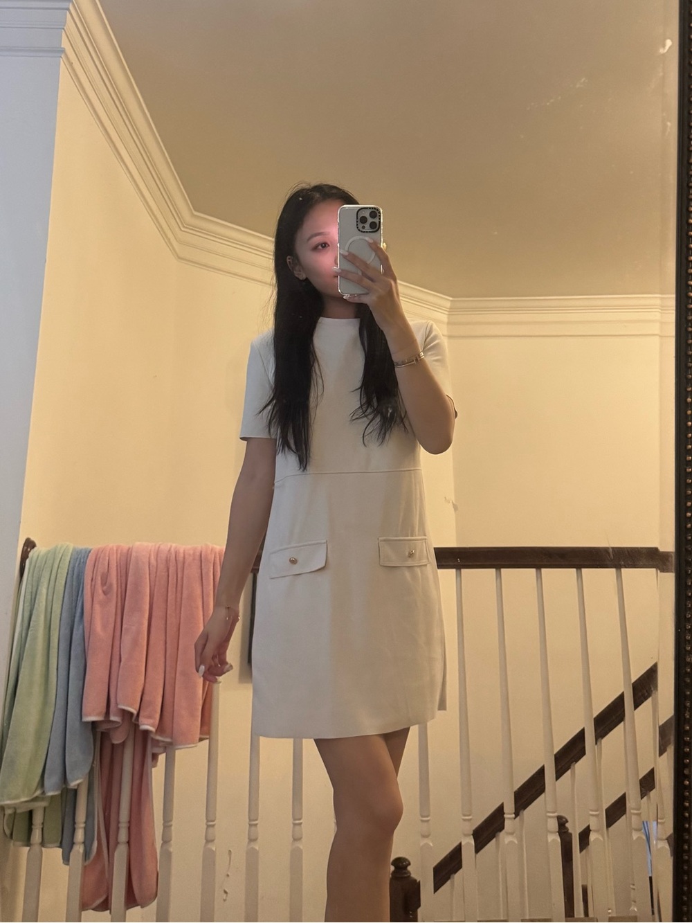 Zara Cream Short-Sleeve Shift Dress with Front Flap Pockets